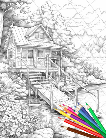 Lake Cabin Scenery Grayscale Coloring Pages Printable for Adults, PDF File Instant Download