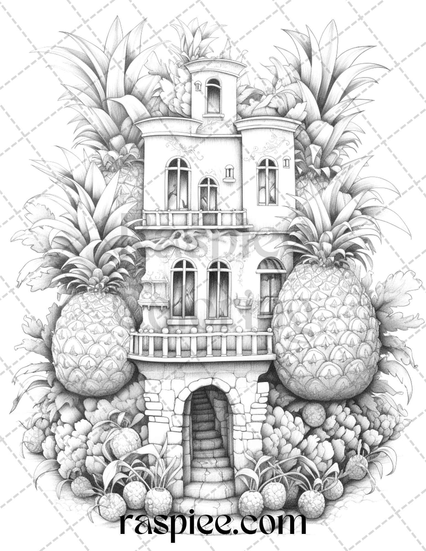 50 Pineapple Houses Grayscale Coloring Pages Printable for Adults, PDF File Instant Download