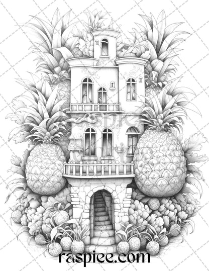 50 Pineapple Houses Grayscale Coloring Pages Printable for Adults, PDF File Instant Download
