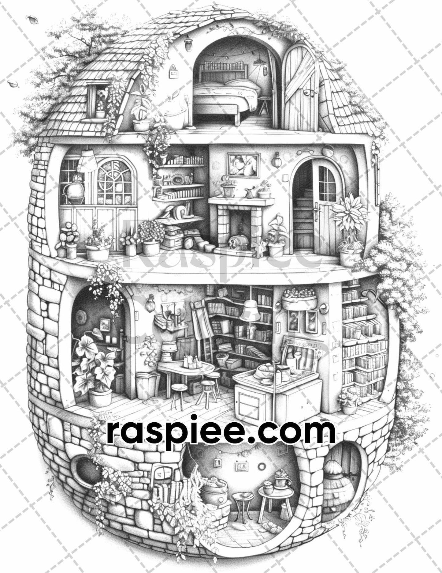 60 Isometric House Grayscale Adult Coloring Pages, Printable PDF Instant Download