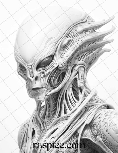 65 Alien Portrait Grayscale Coloring Pages for Adults, Printable PDF File Instant Download