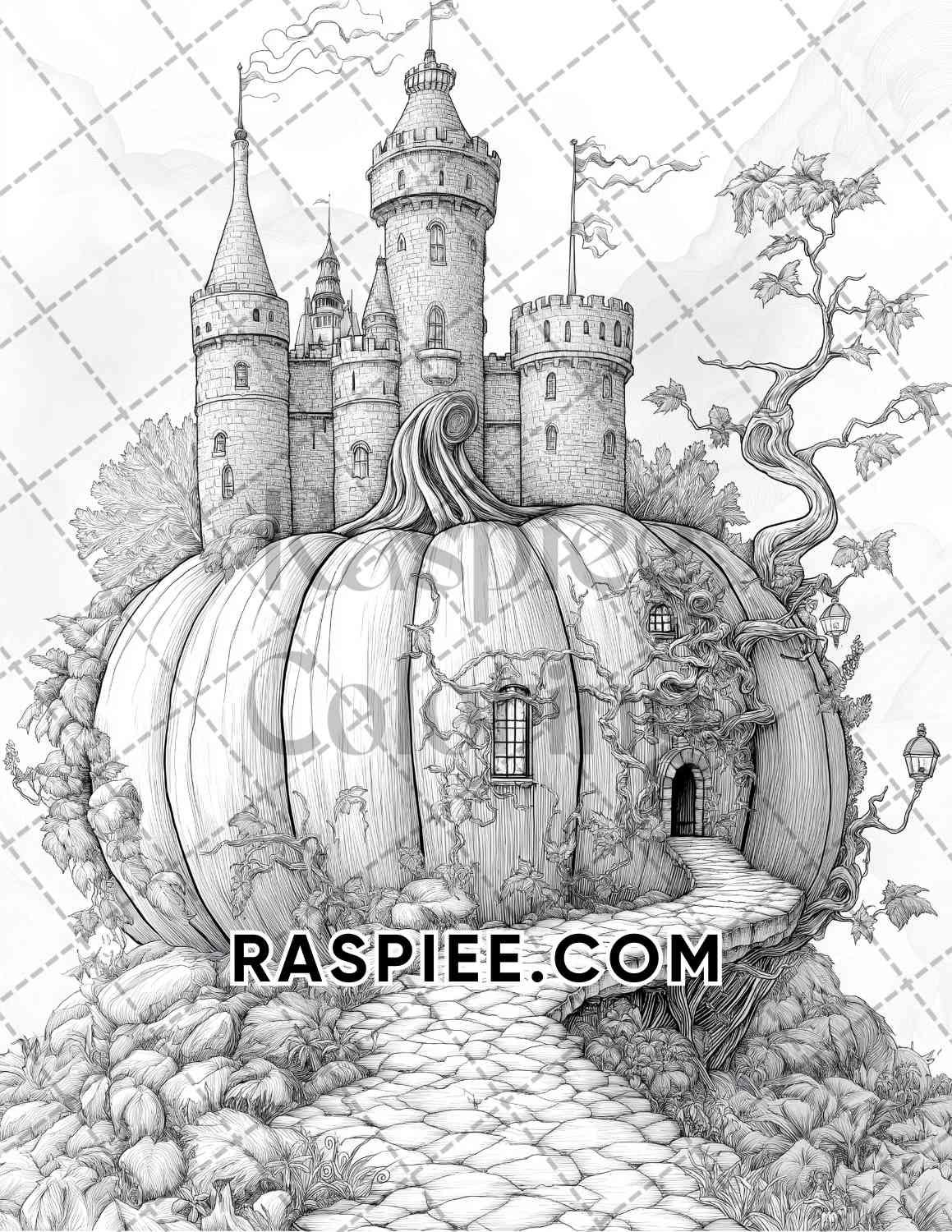 Fantasy Giant Pumpkin Castles Adult Coloring Pages Printable PDF Instant Download