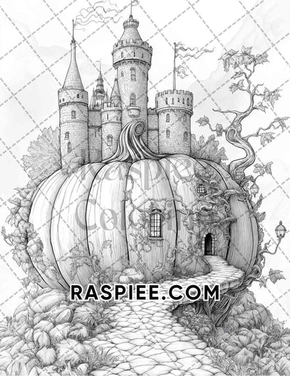 Fantasy Giant Pumpkin Castles Adult Coloring Pages Printable PDF Instant Download