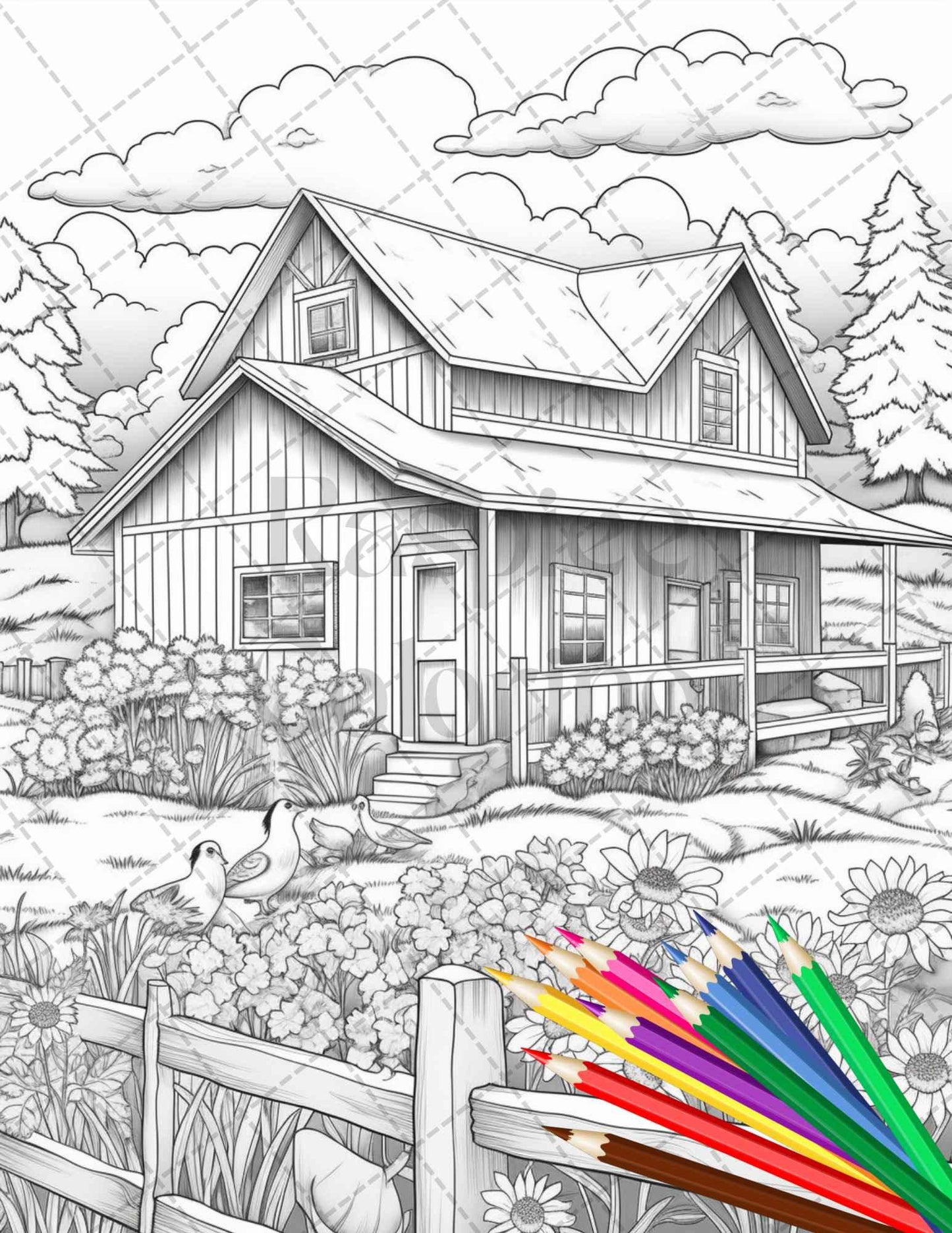 Charming Farmhouse Scenery Grayscale Coloring Pages Printable for Adults, PDF File Instant Download