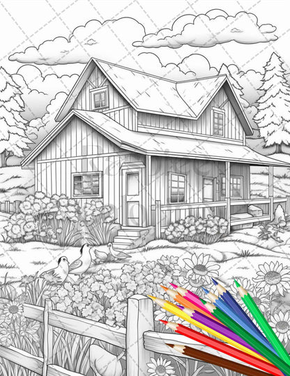 Charming Farmhouse Scenery Grayscale Coloring Pages Printable for Adults, PDF File Instant Download