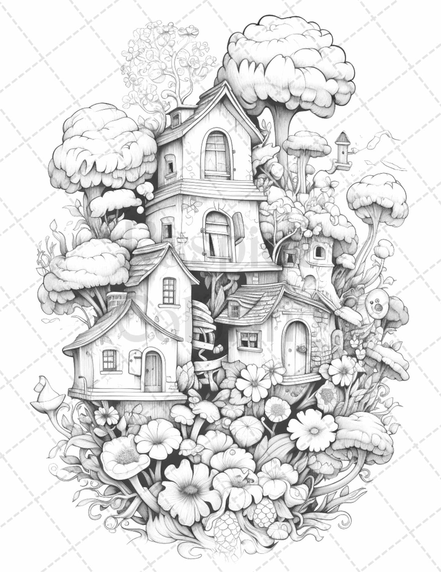 60 Flower Houses Grayscale Coloring Pages Printable for Adults, PDF File Instant Download