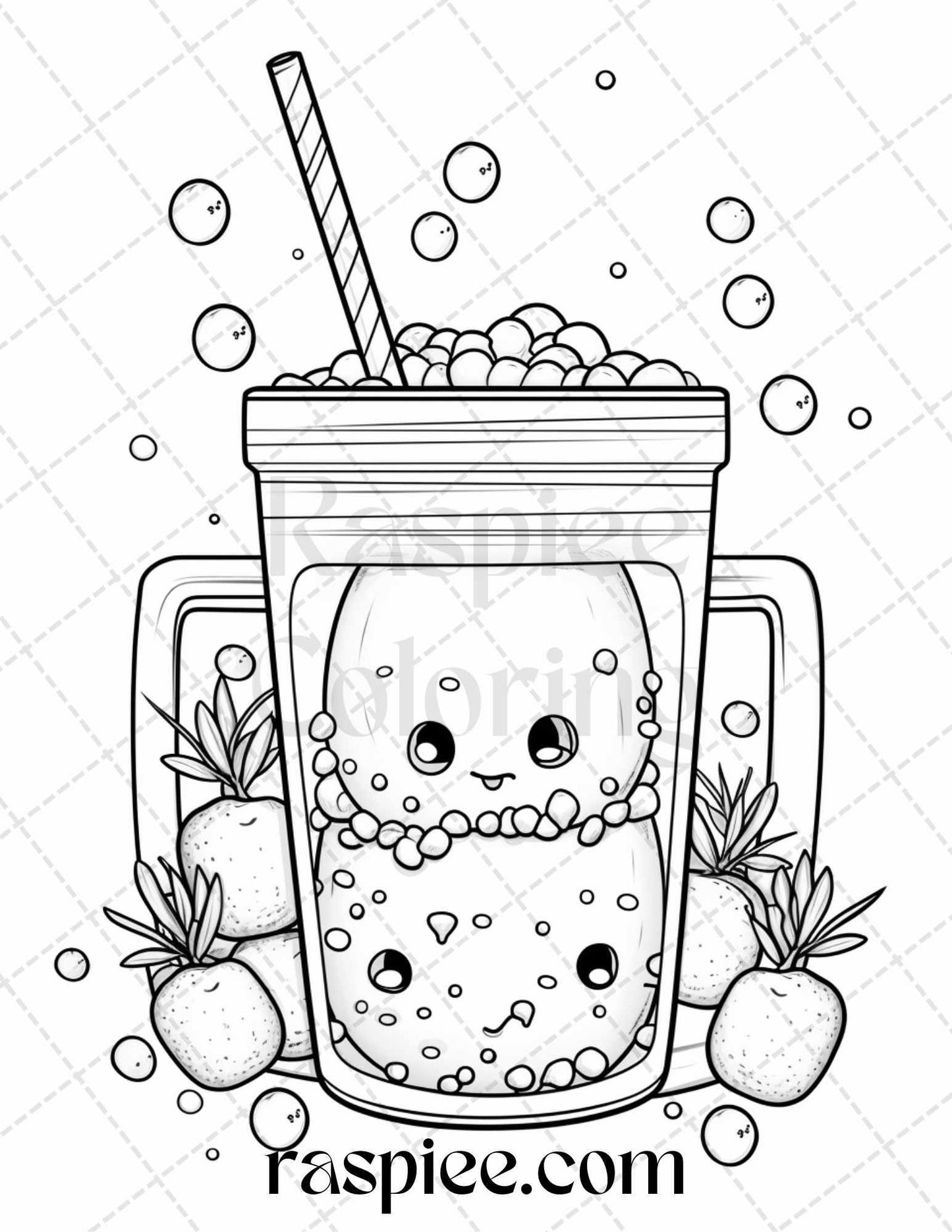 50 Cute Kawaii Boba Tea Grayscale Coloring Pages for Adults and Kids, Printable PDF File Instant Download
