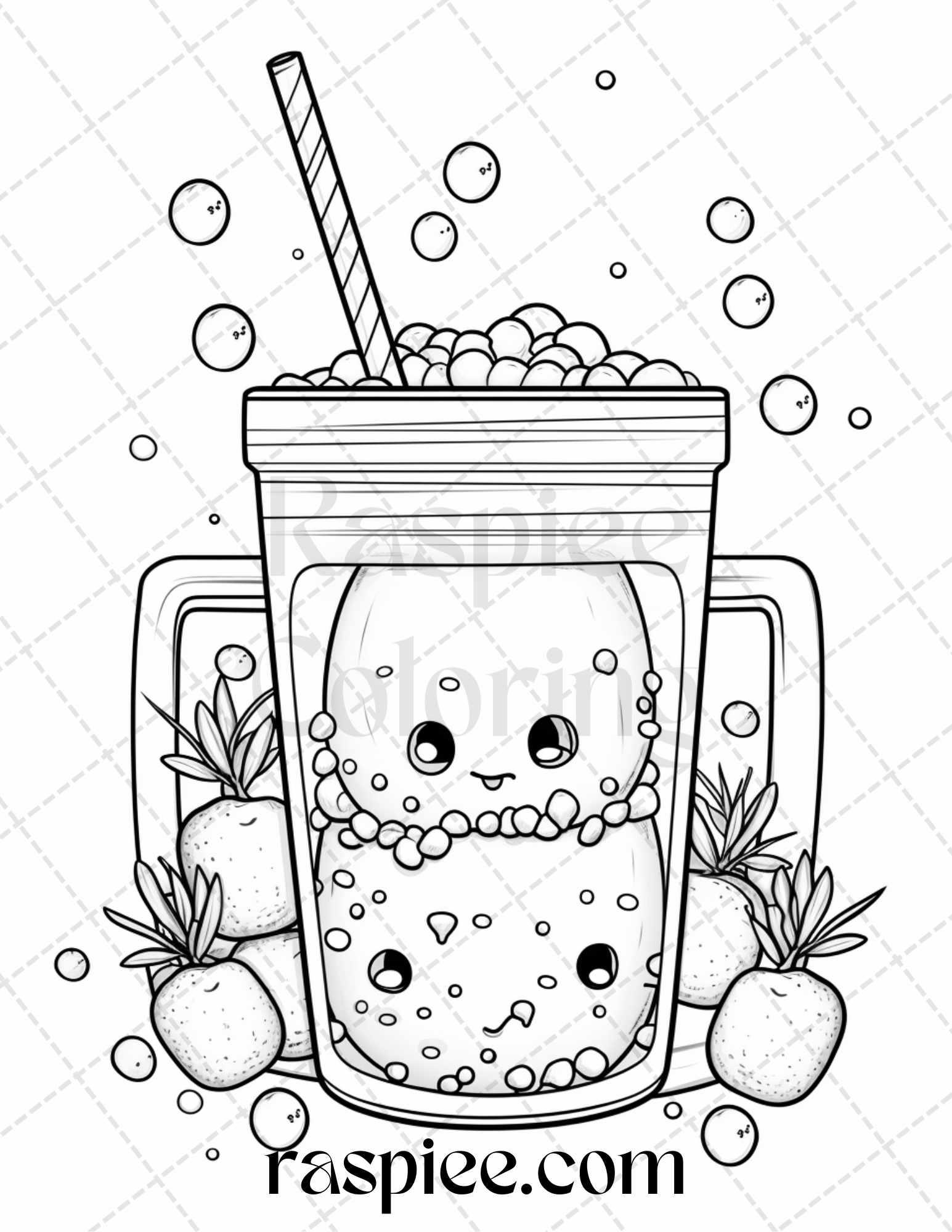 50 Cute Kawaii Boba Tea Grayscale Coloring Pages for Adults and Kids, Printable PDF File Instant Download