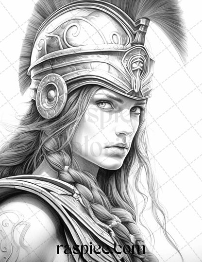 Greek Women Warriors Grayscale Coloring Pages for Adults, Printable PDF File Instant Download