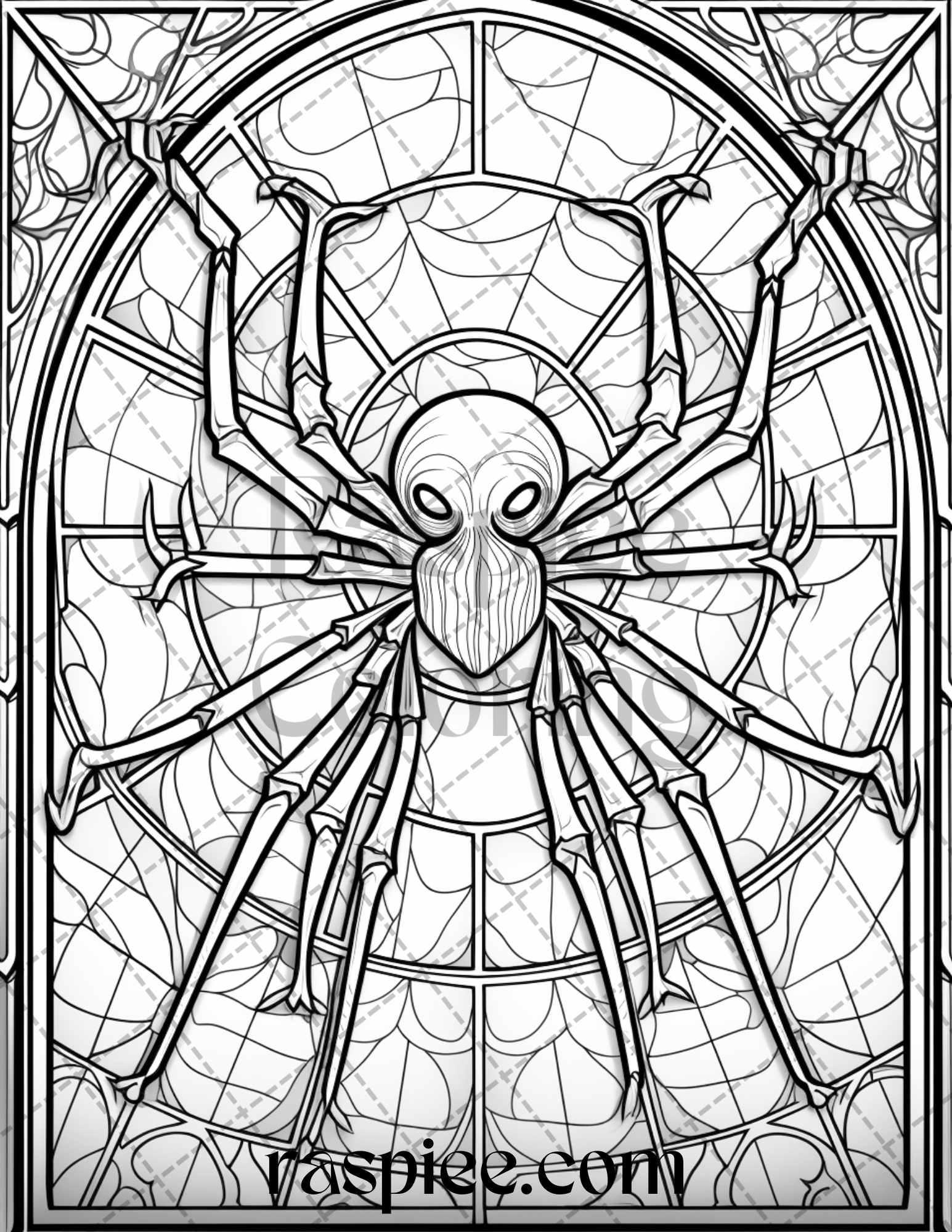 70 Halloween Stained Glass Grayscale Coloring Pages Printable for Adults, PDF File Instant Download