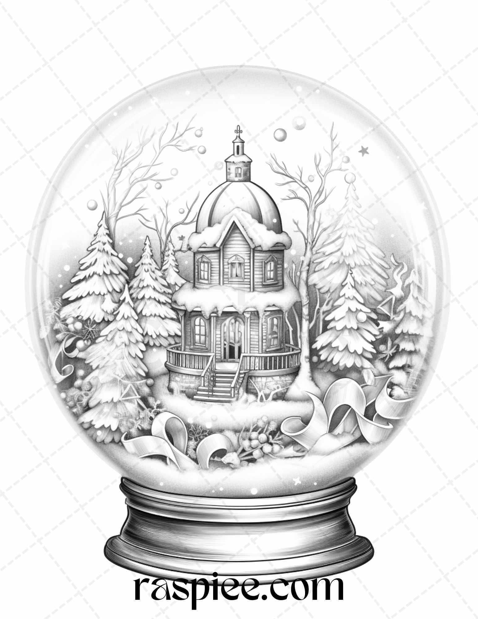 Cozy Cabin in Snow Globe Grayscale Coloring Pages Printable for Adults, PDF File Instant Download