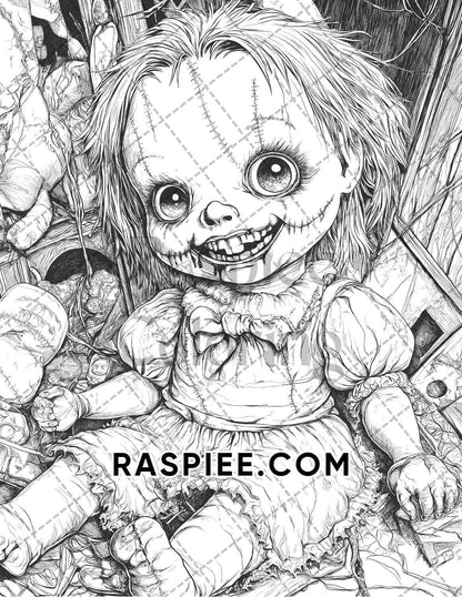 Haunted Dolls Halloween Horror Adult Coloring Pages Printable PDF Instant Download