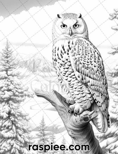 55 Winter Wildlife Grayscale Coloring Pages for Adults, Printable PDF Instant Download