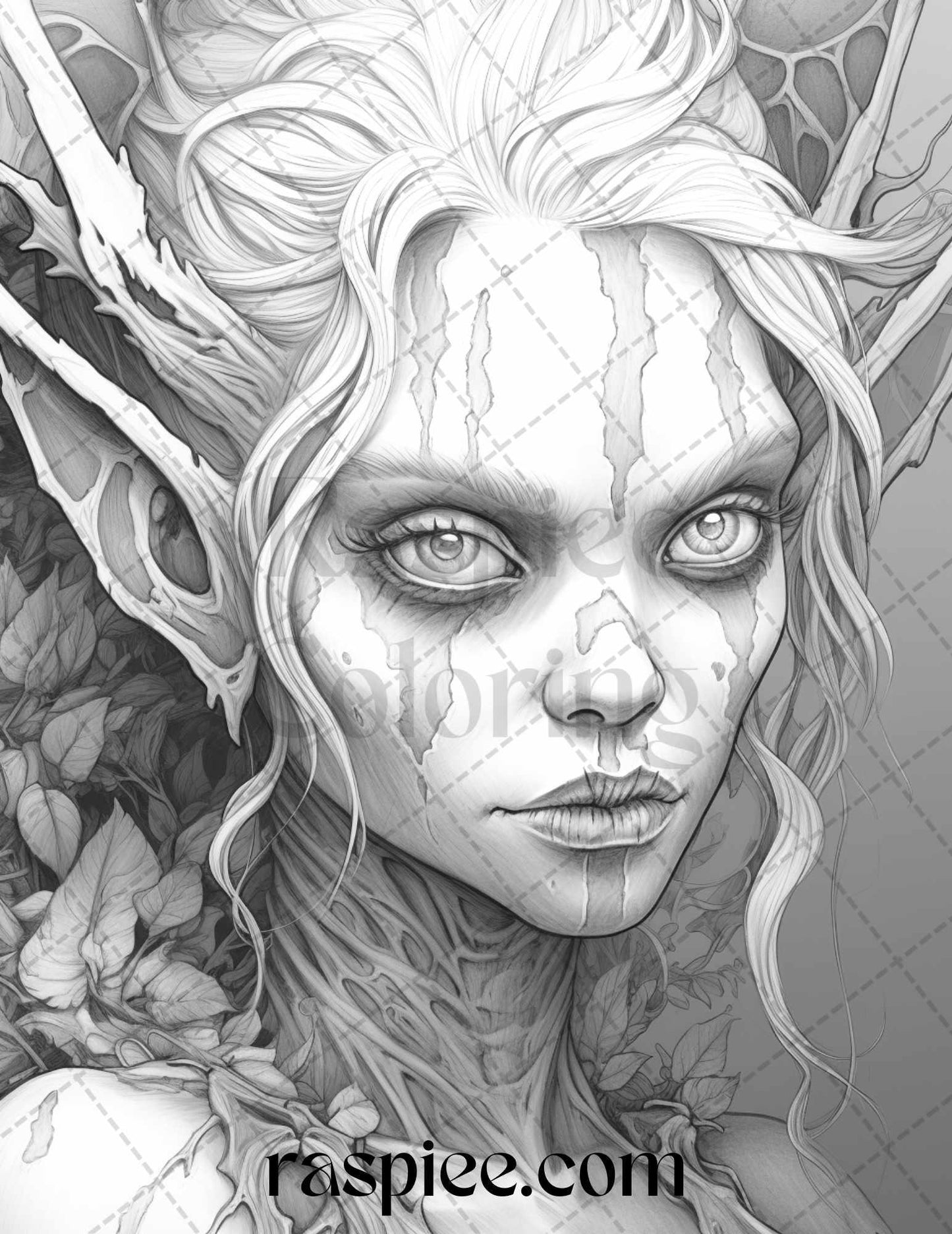60 Halloween Zombie Fairy Grayscale Coloring Pages Printable for Adults, PDF File Instant Download