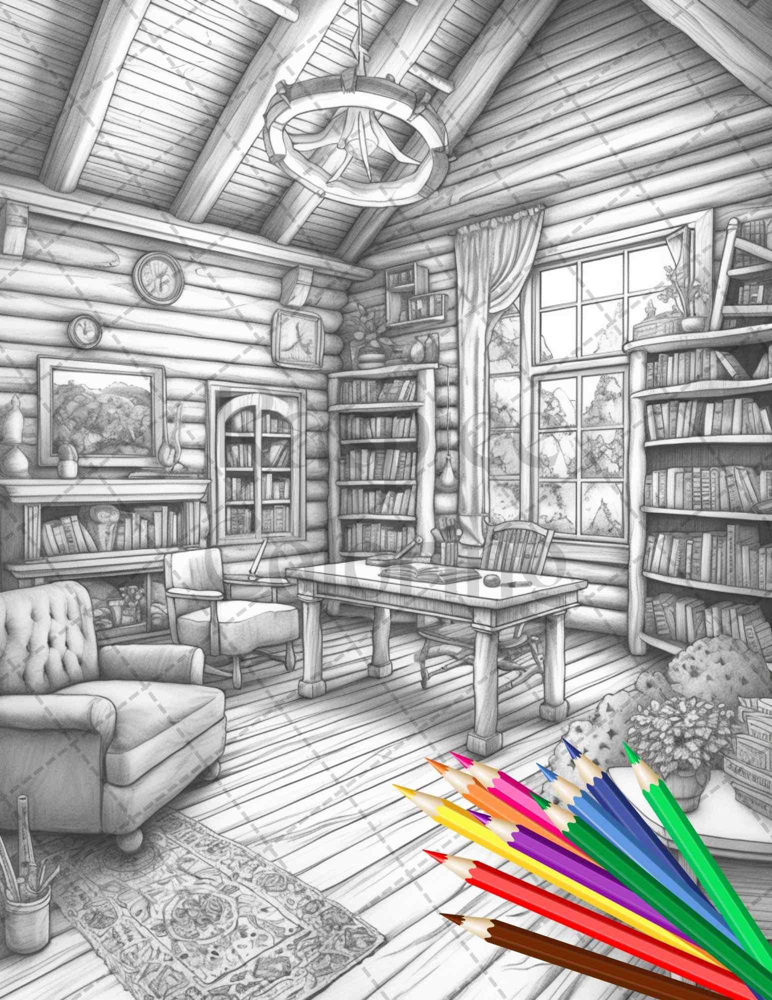 Cozy Cabin Interior Grayscale Coloring Pages Printable for Adults, PDF File Instant Download