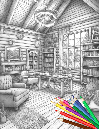 Cozy Cabin Interior Grayscale Coloring Pages Printable for Adults, PDF File Instant Download