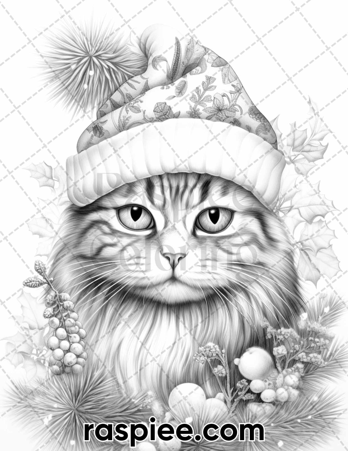 40 Christmas Cats Grayscale Coloring Pages for Adults, Printable PDF Instant Download