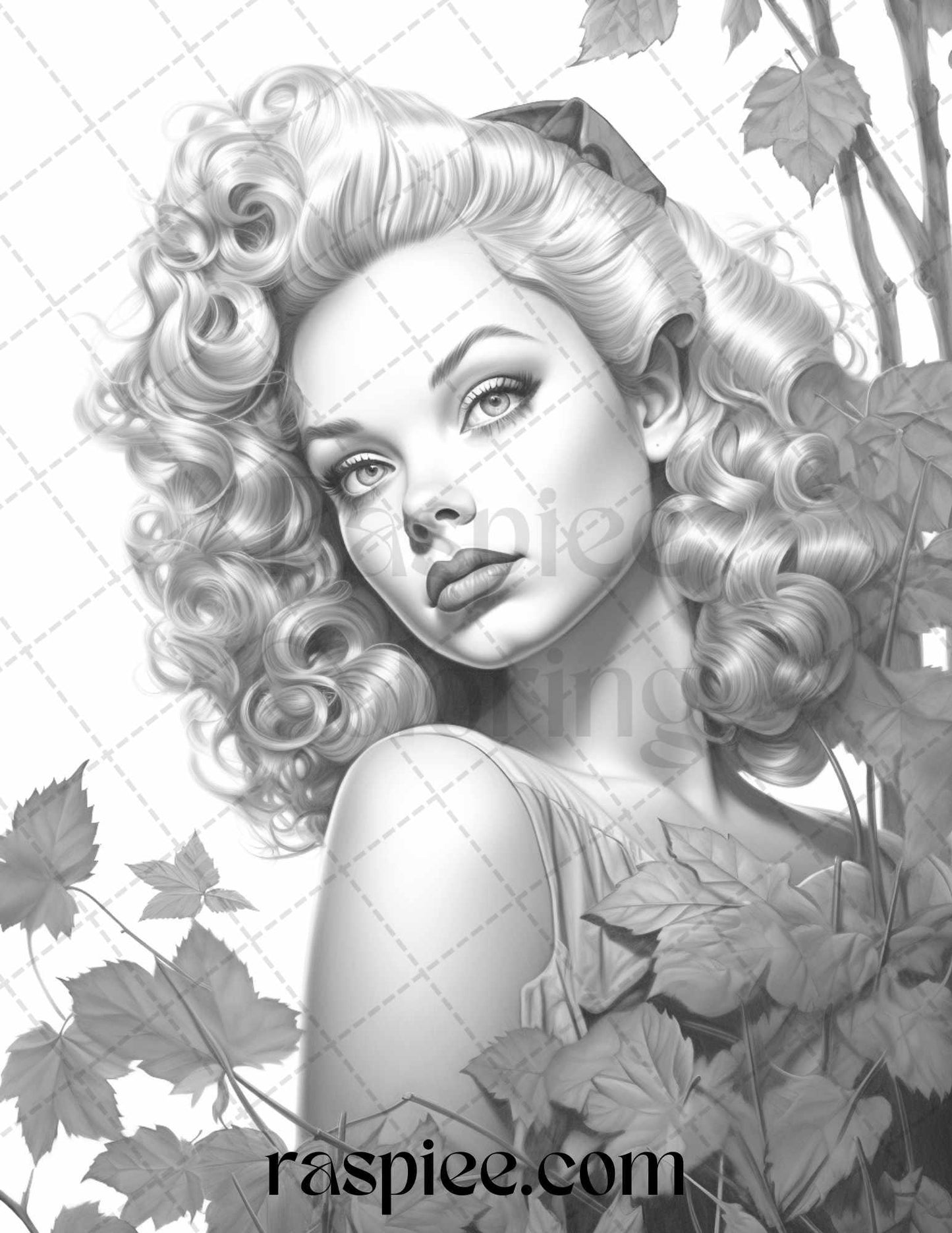 55 Autumn Pin Up Girls Grayscale Coloring Pages Printable for Adults, PDF File Instant Download
