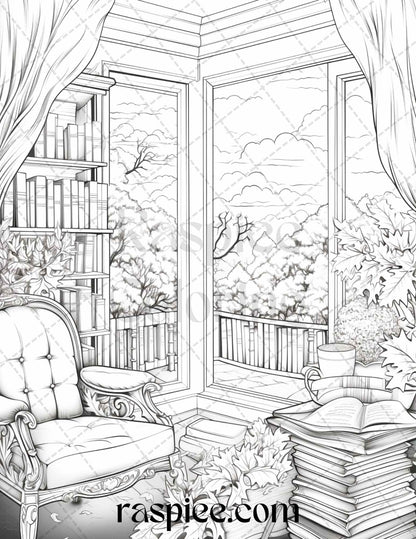 Autumn Vibes Grayscale Coloring Pages Printable for Adults, PDF File Instant Download