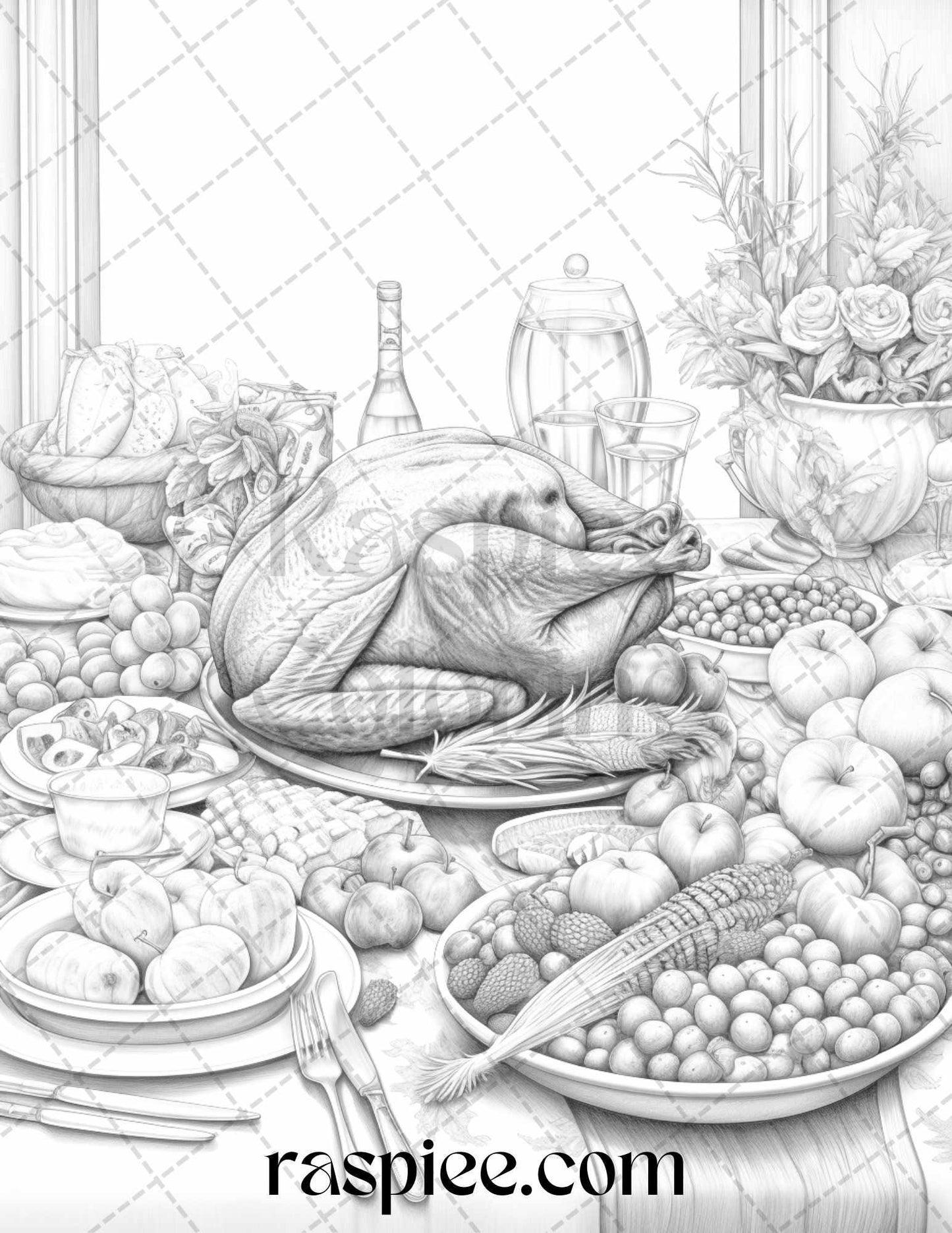 Thanksgiving Dinner Grayscale Coloring Pages for Adults, Relaxing Fall Coloring Sheets, Printable PDF File Instant Download