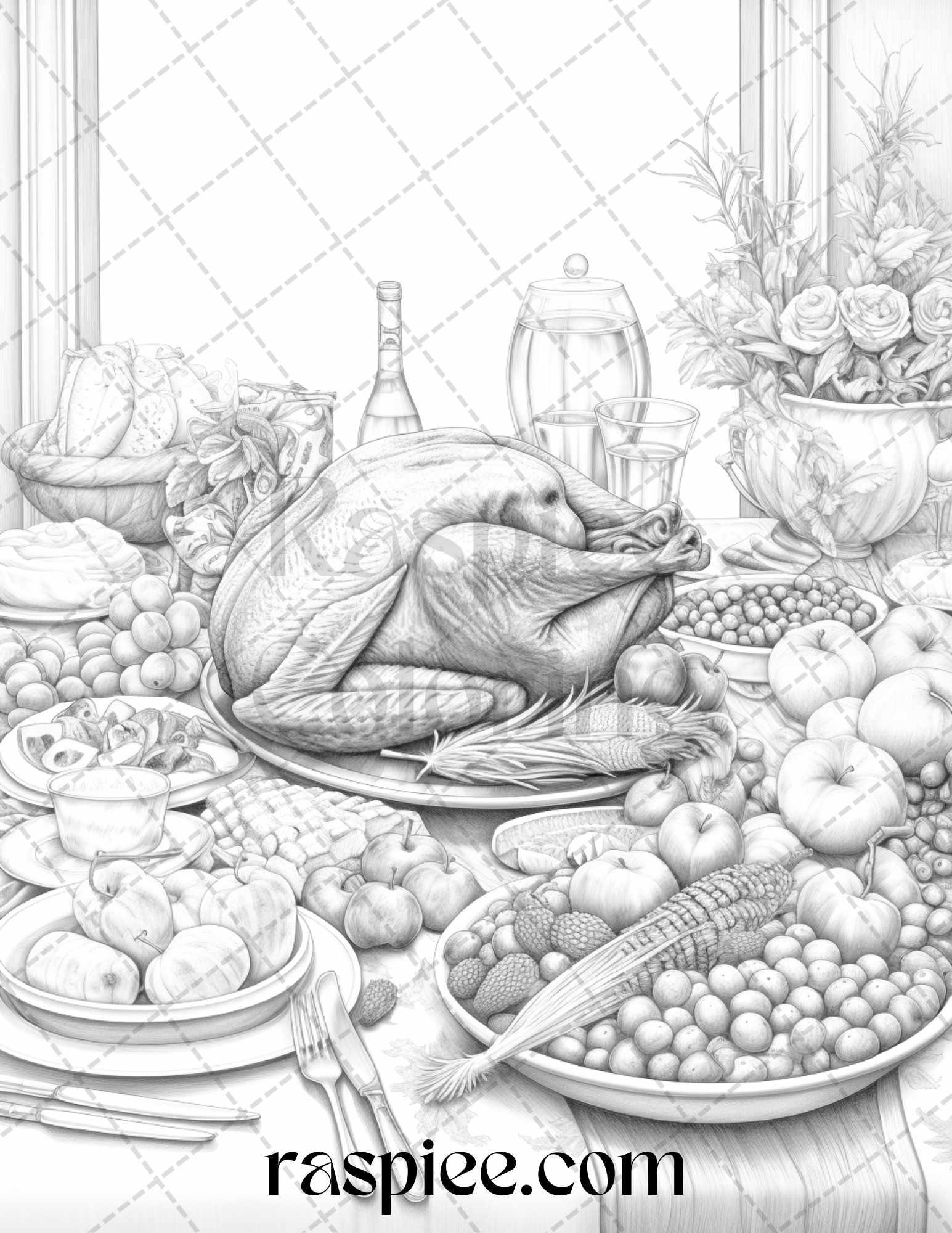 Thanksgiving Dinner Grayscale Coloring Pages for Adults, Relaxing Fall Coloring Sheets, Printable PDF File Instant Download