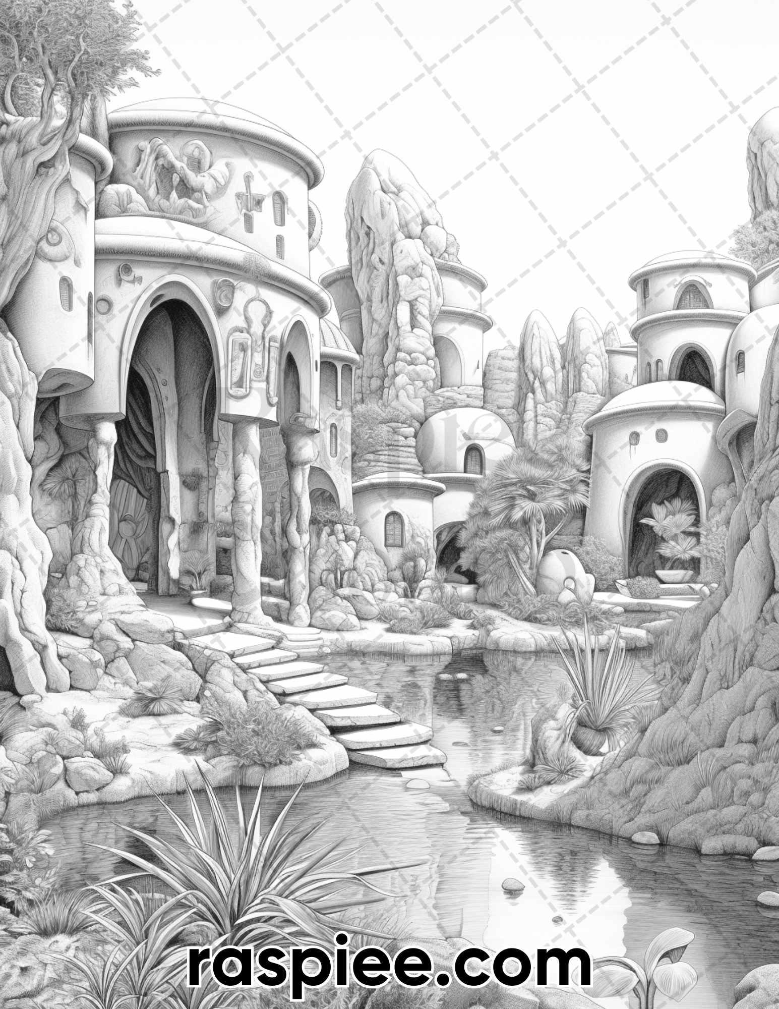 55 Desert Oasis Fairy Homes Grayscale Coloring Pages for Adults, Printable PDF Instant Download