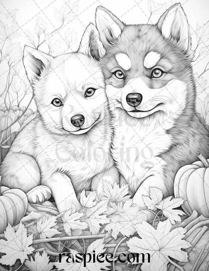 Autumn Animals Grayscale Coloring Pages for Adults and Kids, Printable PDF File Instant Download
