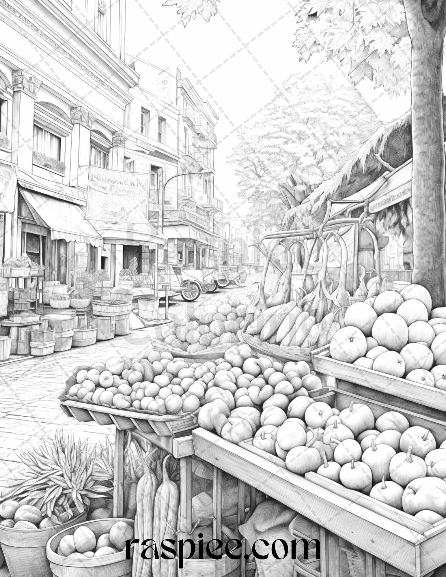 Autumn Street Markets Grayscale Coloring Pages for Adults, Printable PDF File Instant Download