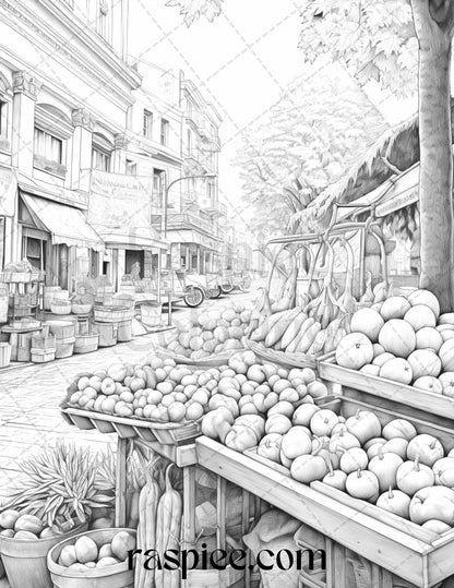 Autumn Street Markets Grayscale Coloring Pages for Adults, Printable PDF File Instant Download