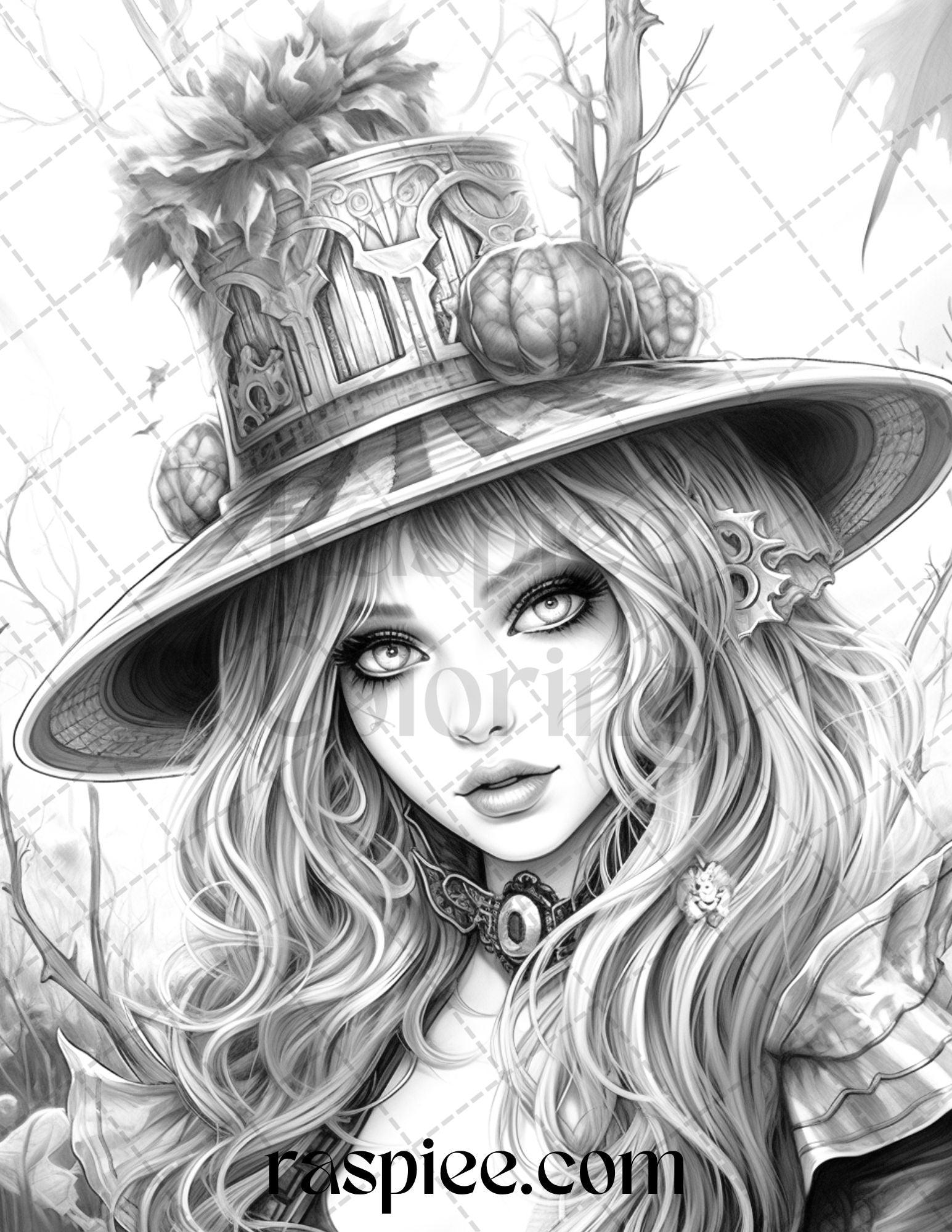 55 Halloween Girls Grayscale Coloring Pages Printable for Adults, PDF File Instant Download