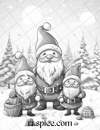 60 Christmas Gnomes Grayscale Coloring Pages Printable for Adults and Kids, PDF File Instant Download