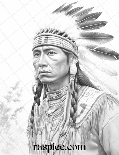 Native American Portrait Grayscale Coloring Pages Printable for Adults, PDF File Instant Download