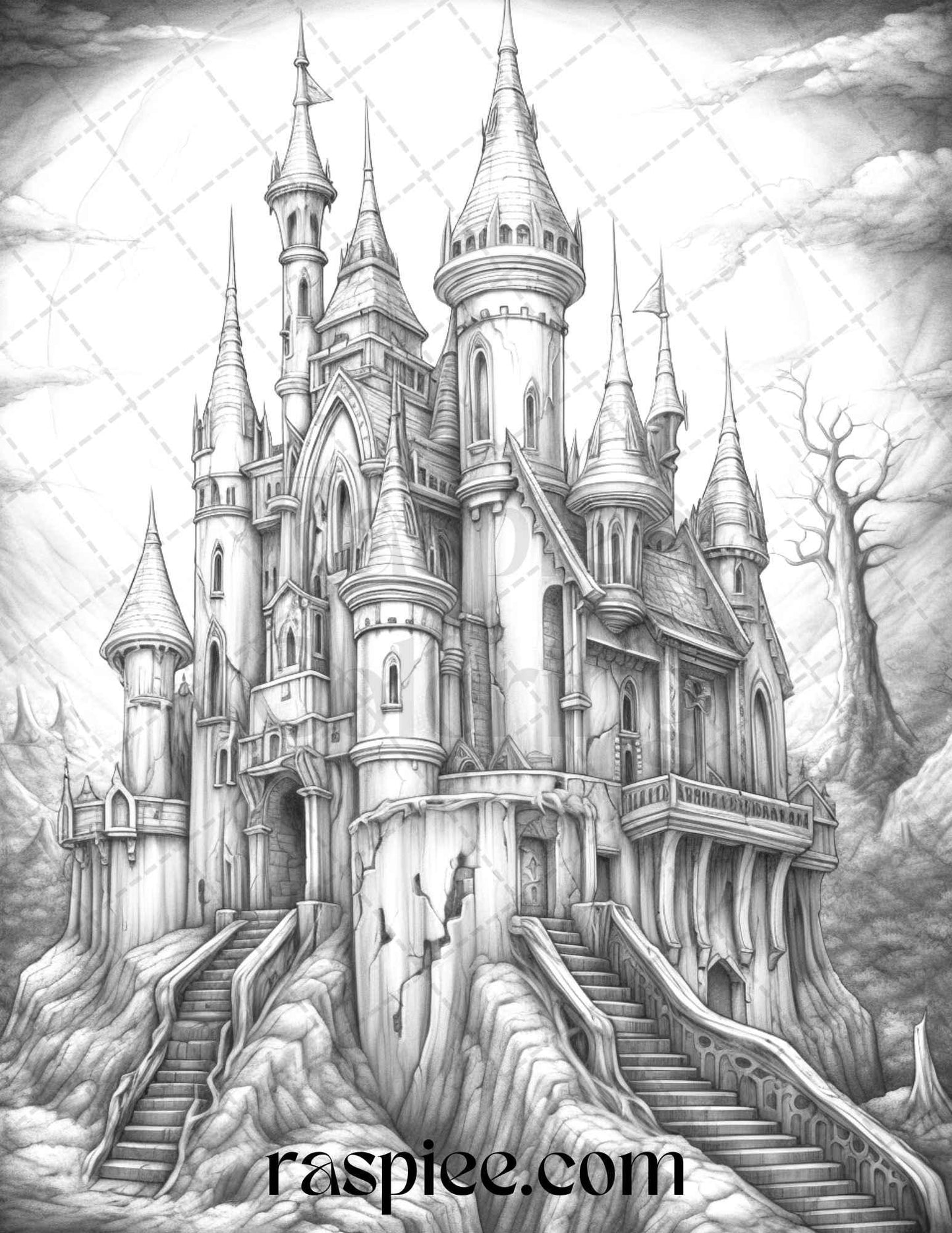 50 Haunted Castles Grayscale Coloring Pages Printable, Halloween Coloring Book, PDF File Instant Download