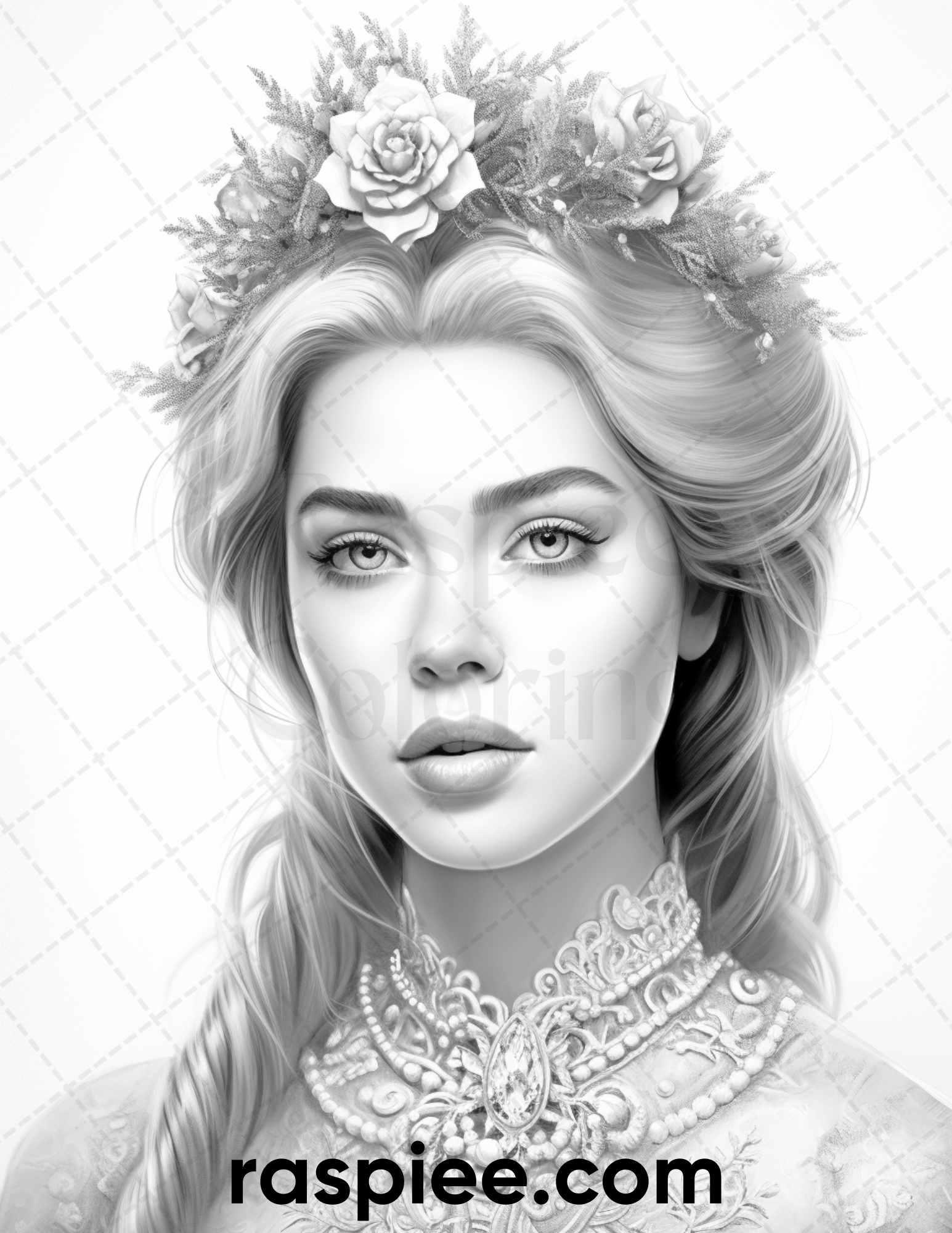 50 Winter Queens Portrait Grayscale Coloring Pages Printable for Adults, PDF File Instant Download