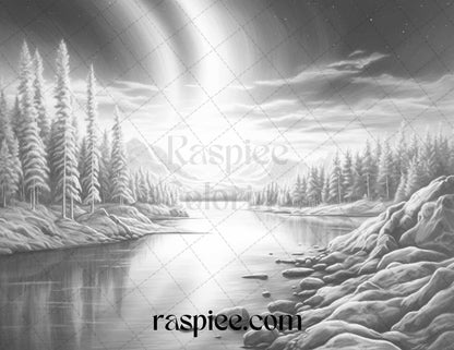 Aurora Borealis Landscape Grayscale Coloring Pages for Adults, Printable PDF File Instant Download