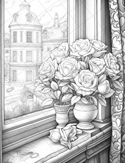 40 Captivating Roses Grayscale Coloring Pages Printable for Adults, PDF File Instant Download