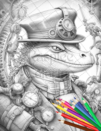 60 Steampunk Animals Grayscale Coloring Pages Printable for Adults, PDF File Instant Download