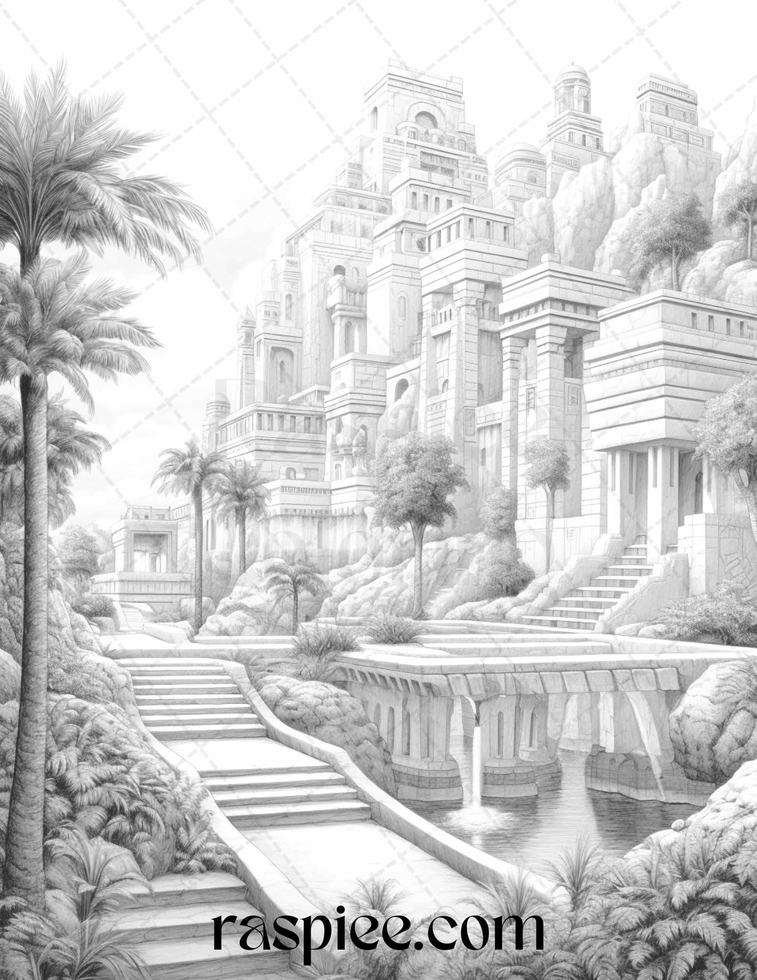 Hanging Gardens of Babylon Grayscale Coloring Pages Printable, PDF File Instant Download