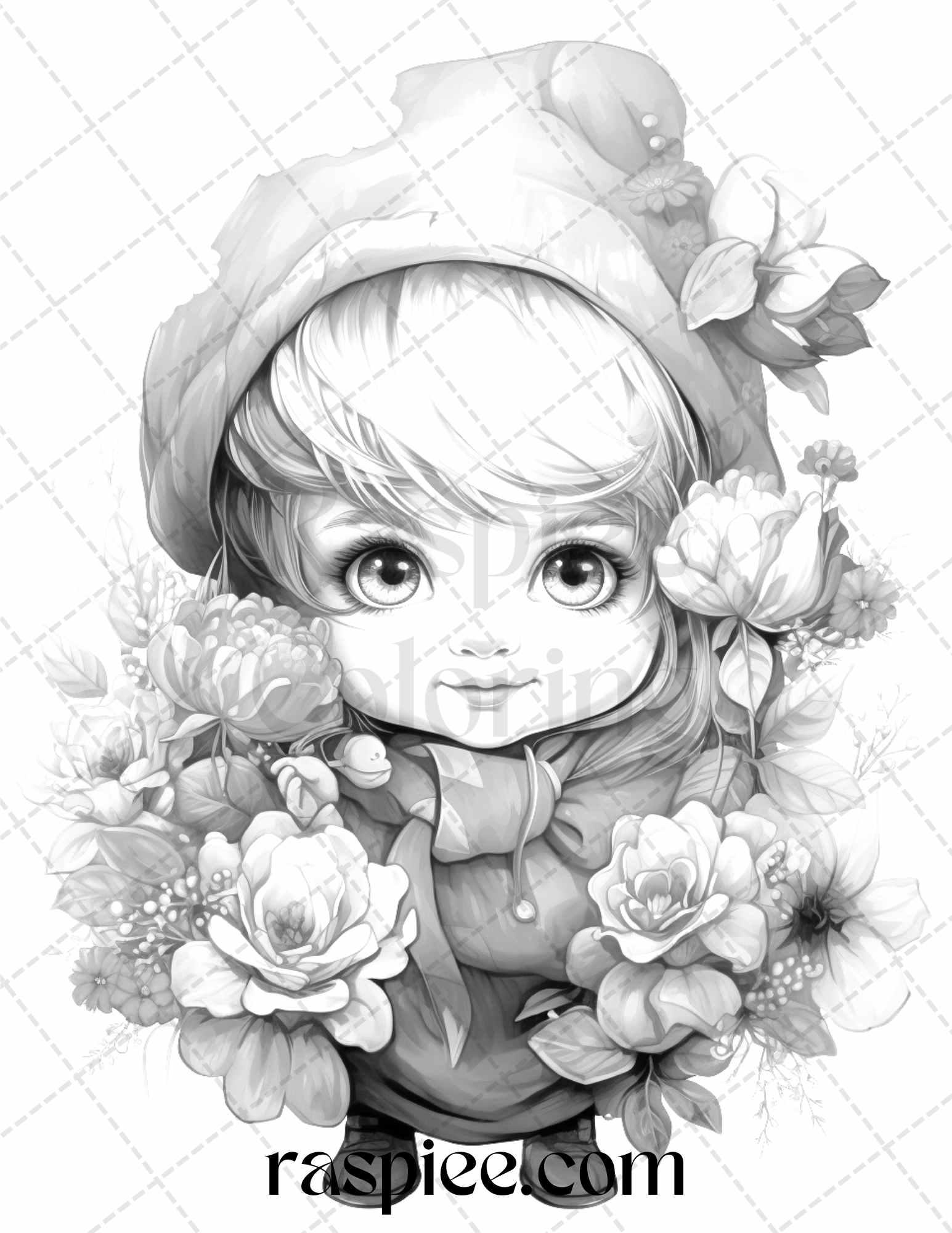 50 Flower Gnomes Grayscale Coloring Pages Printable for Adults Kids, PDF File Instant Download