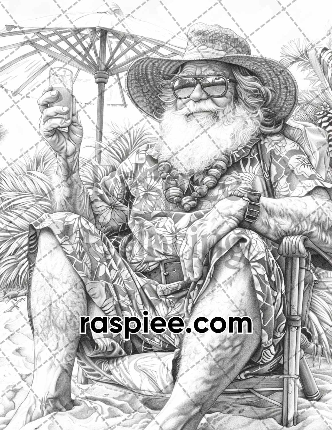 60 Santa Christmas in July Grayscale Adult Coloring Pages Printable PDF Instant Download