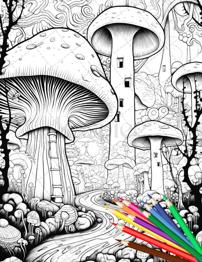 Psychedelic Mushroom Forest Coloring Book Printable for Adults, Trippy Grayscale Coloring Page, PDF File Instant Download