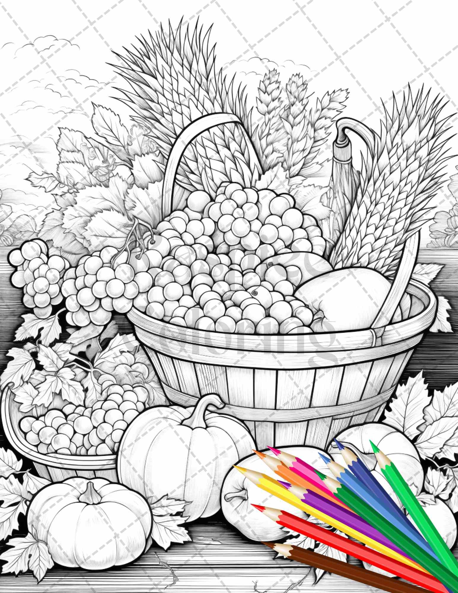 Autumn Harvest Grayscale Coloring Pages Printable for Adults, Relaxing Fall Themed Art, PDF File Instant Download