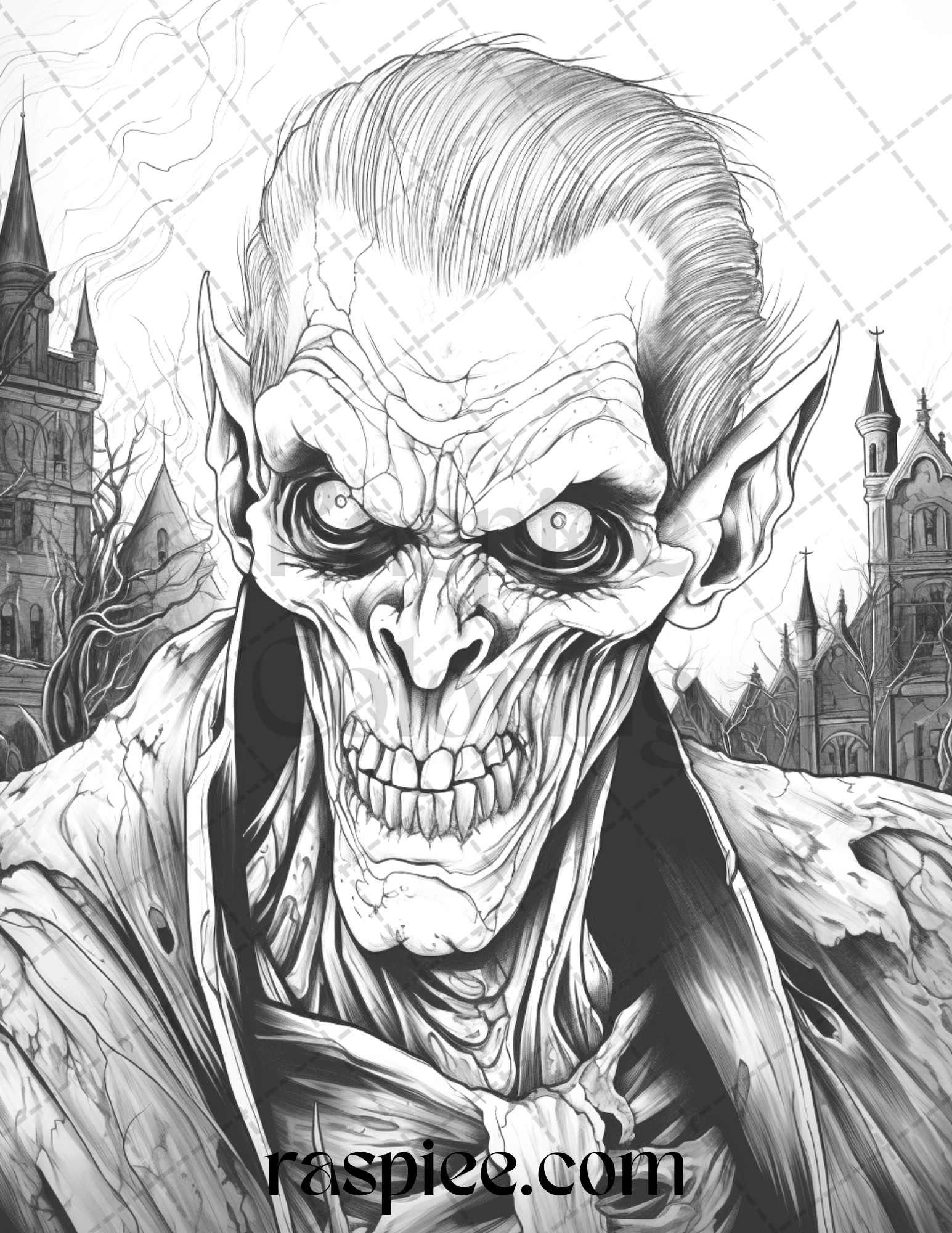 60 Halloween Vampire Grayscale Coloring Pages Printable for Adults, PDF File Instant Download