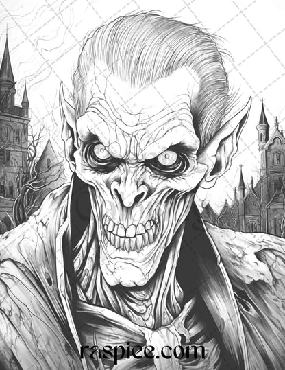 60 Halloween Vampire Grayscale Coloring Pages Printable for Adults, PDF File Instant Download