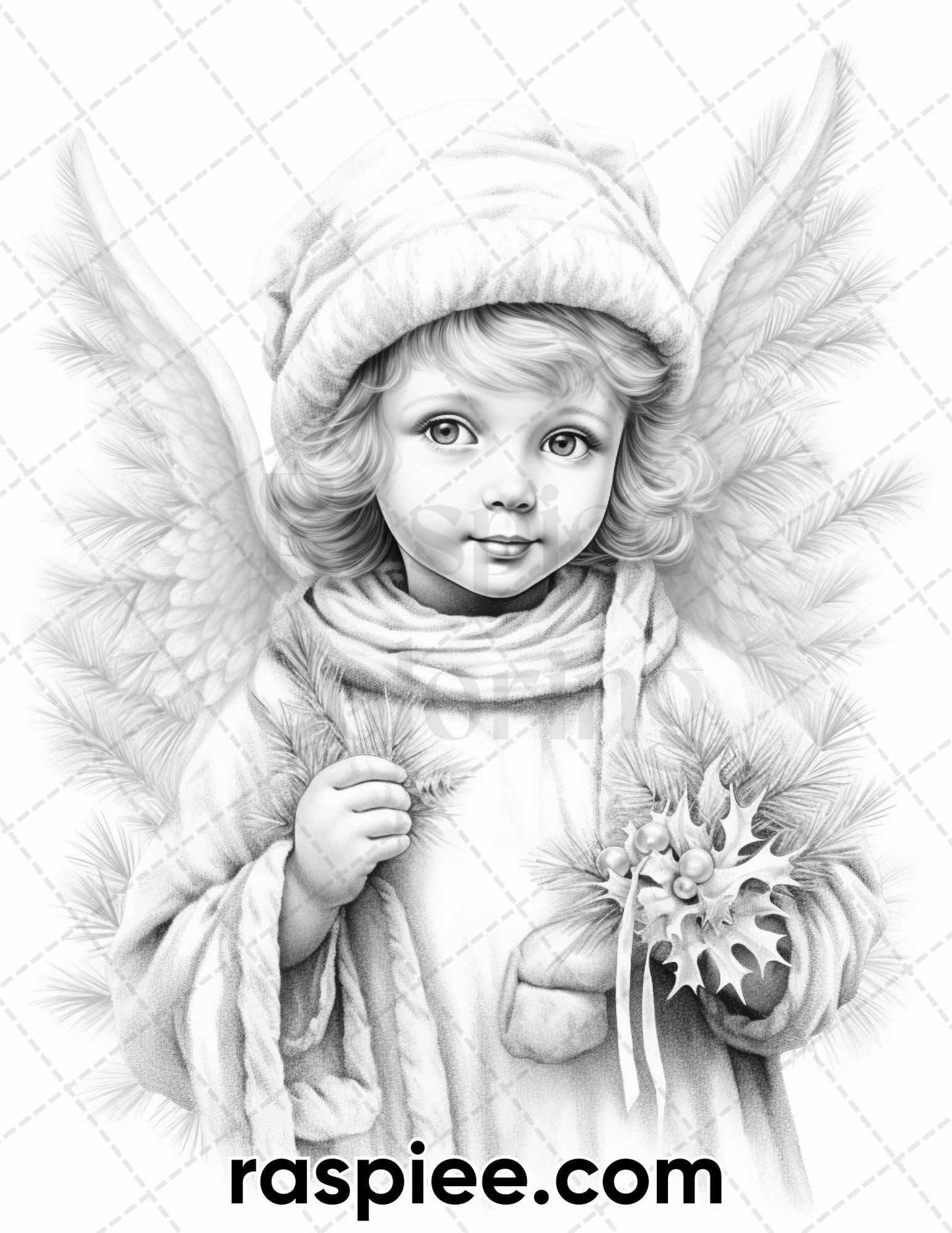 55 Christmas Angel Grayscale Coloring Pages for Adults, Printable PDF Instant Download