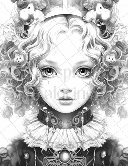 60 Adorable Gothic Girls Grayscale Coloring Pages Printable for Adults, PDF File Instant Download