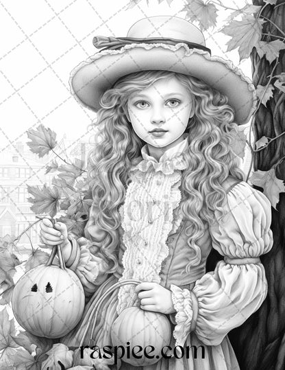 60 Victorian Autumn Portrait Grayscale Coloring Pages Printable for Adults, PDF File Instant Download