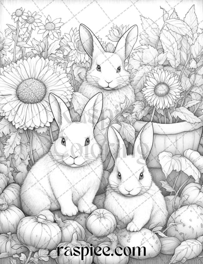50 Rabbit Garden Grayscale Coloring Pages Printable for Adults, PDF File Instant Download