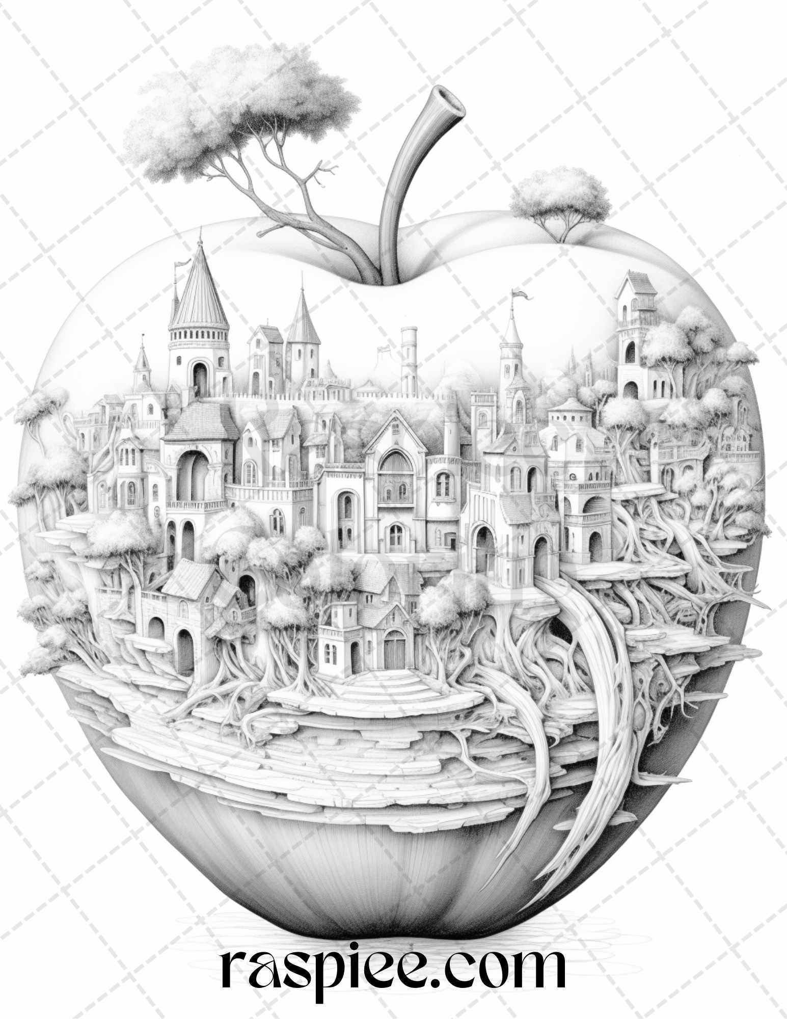 60 Miniworld in the Apple Grayscale Coloring Pages Printable for Adults, PDF File Instant Download