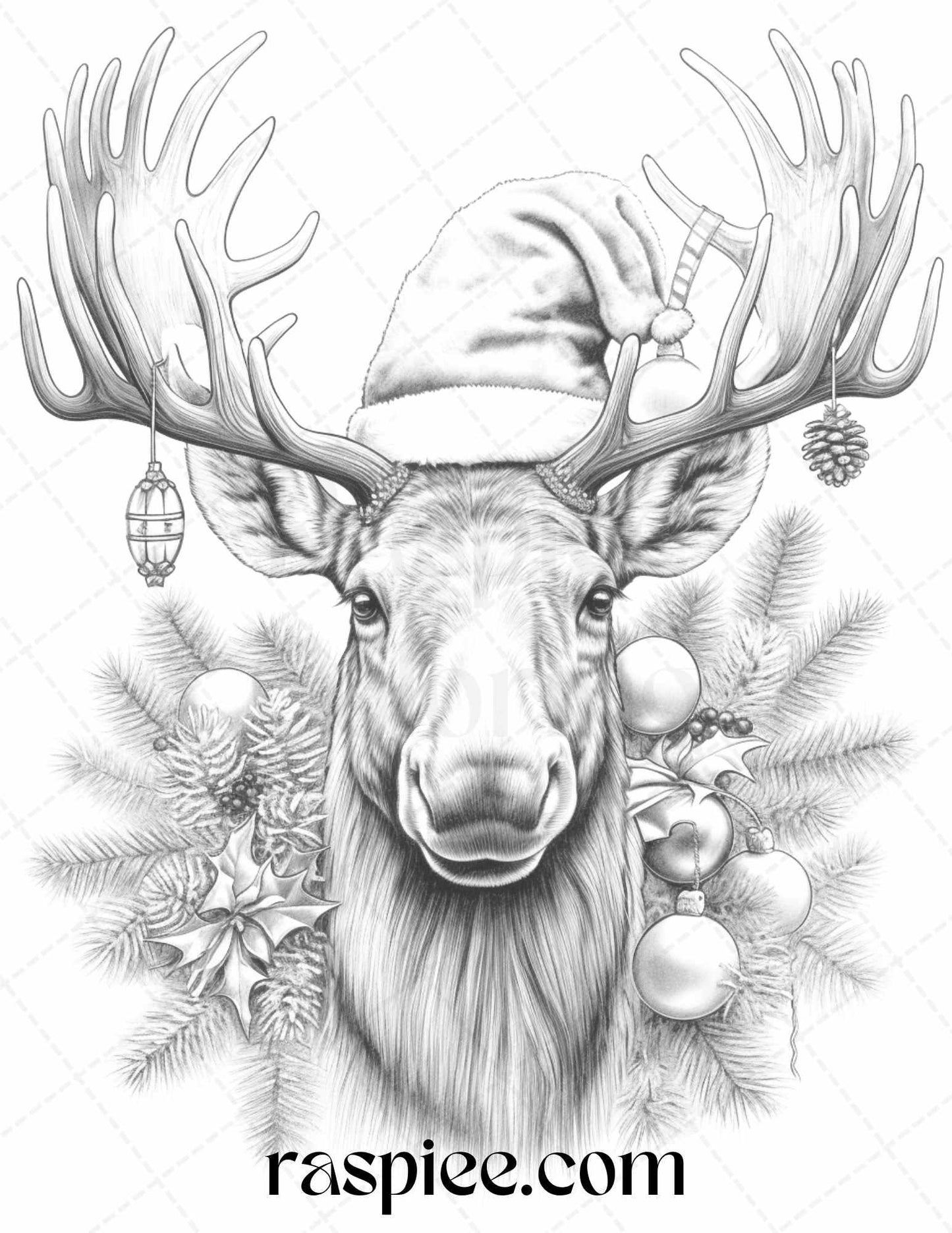 70 Christmas Animals Grayscale Coloring Pages Printable for Adults, PDF File Instant Download